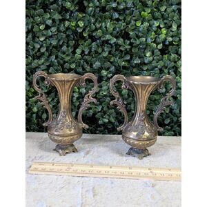 Vintage Made in Italy Ornate Floral Bud Vases Gold Tone Metal Pair